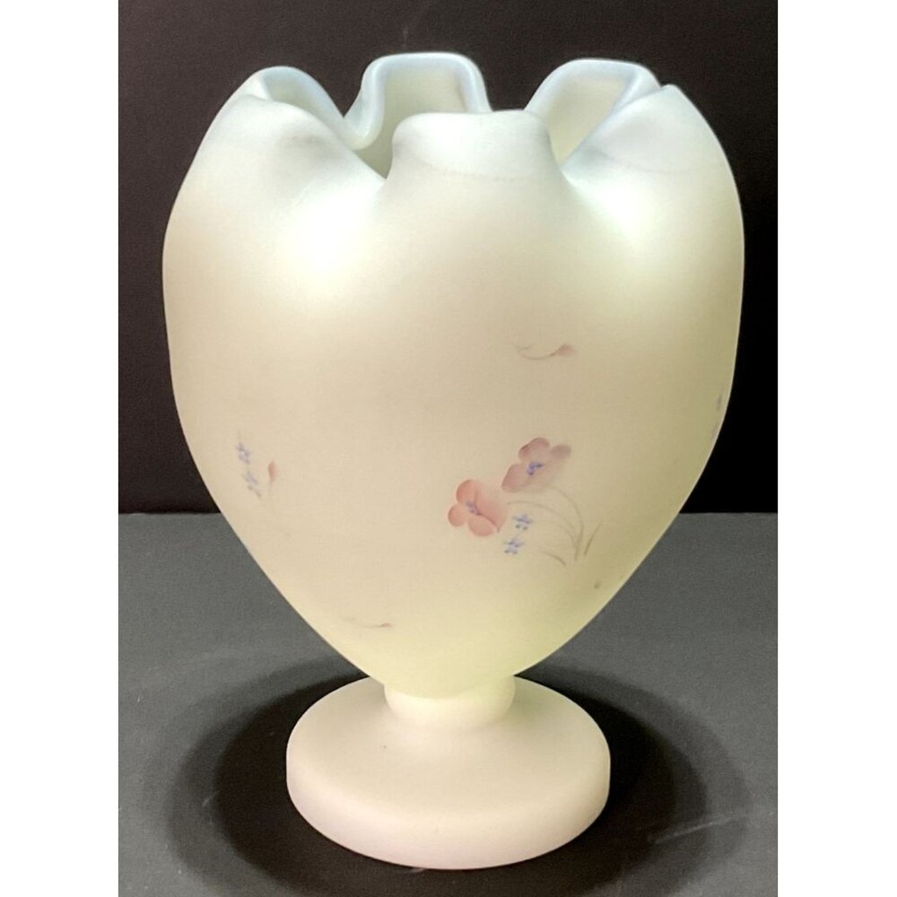 Vtg Fenton Satin Glass Vase Signed Hand Painted Florals Footed Rose Bowl